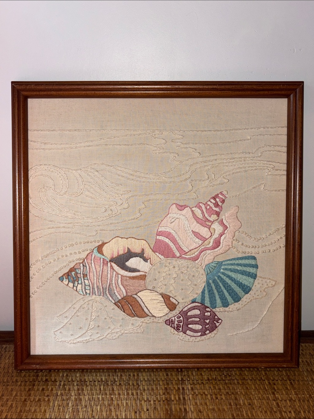 1980s Framed Seashell Embroidery Wall Art - Multicolor Pastel Coastal Grandma - Picture 11 of 17